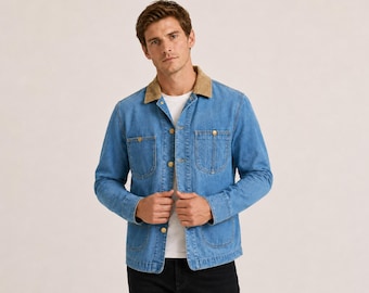 Relaxed open front jean coat, mens denim jacket, minimalist casual outerwear everyday modern style, birthday gifts for him corporate gift