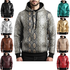May include: A collection of leather-look hoodies in various colors, including black, silver, brown, burgundy, red, gold, tan, and teal. The central hoodie features a snakeskin pattern. Each hoodie has a drawstring hood and a kangaroo pocket.