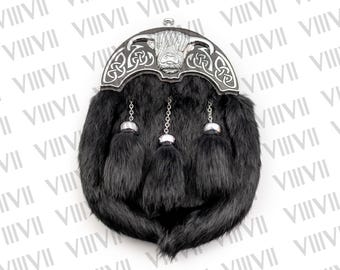Black Rabbit Fur Sporran: Scottish Highland Dress with Bull Cantle