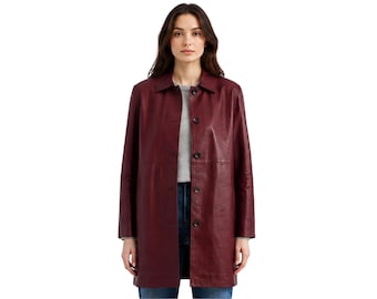 Luxurious leather car coat womens, Christmas gifts, Premium mid length shirt jacket, y2k vintage, minimalist longline button up outerwear