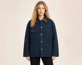 Button front longline relaxed jean coat, womens oversized denim chore jacket, casual outerwear minimalist streetwear style, gifts for her