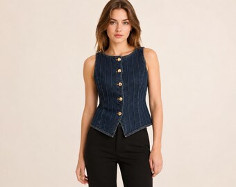 Gilet in denim su misura da donna, regalo di compleanno per lei, gilet a righe sottili, modello corsetto aderente in stile jeans, blusa casual senza maniche da indossare a strati