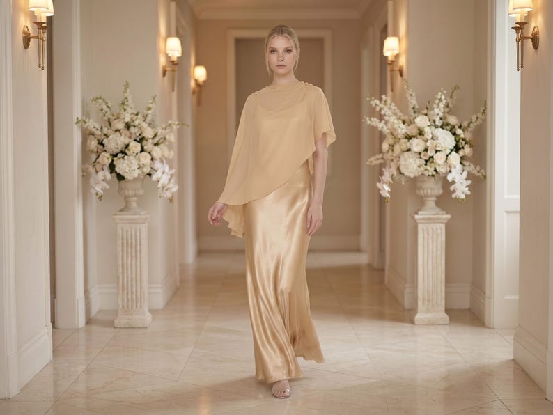 This elegant ivory silk dress features a cowl neckline and detachable sheer cape, creating a refined, graceful look ideal for bridal parties, weddings, and formal occasions. Its flowing fabric and asymmetrical cape hem offer a stylish balance of elegance and comfort. Perfect as a bridesmaid gift or wedding guest outfit, this dress radiates timeless sophistication and is a wonderful choice for any special event or celebration. Bridal gifting made luxurious.