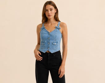 Denim cropped vest, Coquette Top with Bows, Birthday Gift for her, light wash jean vest, Aesthetic western bustier corset festival waistcoat