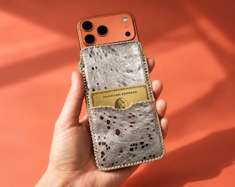 Handmade Leather Phone Pouch for iPhone, Metallic Leather Mobile Sleeve case, Back Card Pocket with Key Chain, Birthday gifts