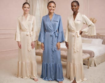 Personalized long bridemaid robes, ruffle hem custom gifts, brides getting ready outfit, bridal shower gifts