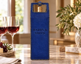 Borsa portabottiglie in pelle, classica marrone scuro e blu royal con manico, ideale come regalo di nozze.
