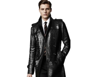 Men’s Alligator Double-Breasted Real Leather Coat Black Crocodile Embossed Trench Handmade Long Coat Vintage Style Jacket Dad gifts for him