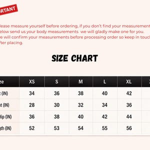 May include: Size chart with bust, waist, low hip, and length measurements in inches. Sizes range from XS to XXL. The chart includes measurements for bust (34-44 in), waist (28-38 in), low hip (36-46 in), and length (52-57 in).