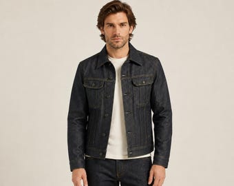 Mens classic denim trucker jacket, button front jean coat with chest pockets, casual everyday outerwear streetwear, gifts for husband