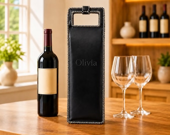 Borsa portabottiglie in pelle personalizzata, regalo di nozze per la coppia, portabottiglie nero con manico