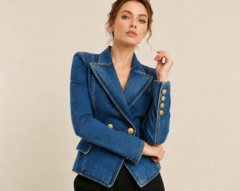 Denim blazer jacket for womens, Birthday gift for her, tailored jean coat with lapel collar and button front, Summer dress, everyday fashion