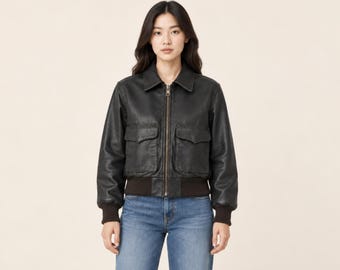 Womens leather bomber jacket, Birthday gift for her, Y2K cropped zip up coat, Multi pocket boxy vintage outerwear
