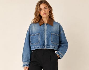 Denim cropped jacket for women, Birthday gift for her, zip front jean coat with contrast collar and chest pockets, casual everyday outerwear