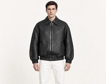 Handwoven Leather Jacket Men, Premium Basketweave Leather Blouson, Artisan Intercalator Style Coat, High End Anniversary Gift For Husband