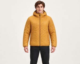 Mens hooded puffer jacket, Birthday gift for him, Quilted padded coat, Lightweight zip up outerwear, Casual winter jacket