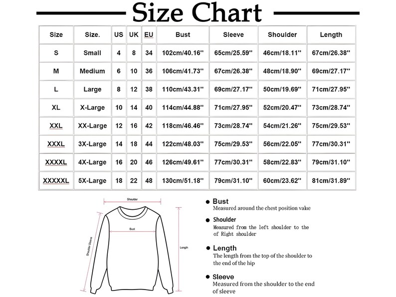 May include: A size chart for clothing, with measurements in inches and centimeters. The chart includes sizes from Small to 5X-Large, detailing bust, sleeve, shoulder, and length measurements. The text "Size Chart" is at the top.