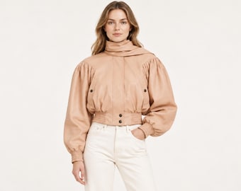 Womens cropped leather jacket, Anniversary gift for her, Premium fitted high neck, Balloon sleeve luxury warm outerwear