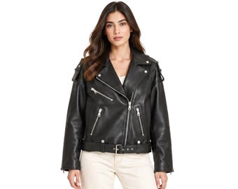 Asymmetrical leather jacket for womens, Birthday gift for her, y2k street style moto biker coat, Windbreaker warm winter outerwear