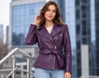 Leather biker jacket for womens, Christmas gifts for her, Belted Asymmetrical zip moto coat, Y2K fitted tailored outerwear, Christmas gifts