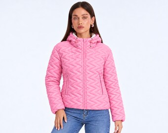 Pink puffer jacket women, Christmas gifts for her, Zig-Zag quilted hooded coat, Lightweight padded winter outerwear, American made clothing