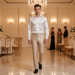 May include: A crisp white long-sleeved button-down shirt paired with tailored beige trousers and black dress shoes. The shirt features a classic collar and buttoned cuffs, while the trousers have a clean, flat-front design and a structured waistband.