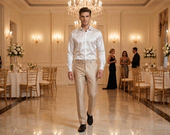 Camicia elegante da uomo slim fit in pura seta di gelso, abbottonata, a maniche lunghe, su misura, ideale per l'ufficio o come regalo aziendale di lusso.