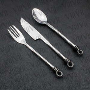 Hand-Forged Viking Cutlery Set: Stainless Steel Knife, Fork & Spoon with Leather Pouch