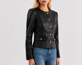 Chaqueta de cuero para mujer, blazer sastre sin cuello, regalos de aniversario para ella, abrigo clásico entallado con botones dorados, chaqueta de suave piel de oveja.