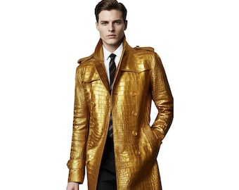Men’s Alligator Double-Breasted Real Leather Coat Gold Crocodile Embossed Trench Handmade Long Coat Vintage Style Jacket Dad gifts for him