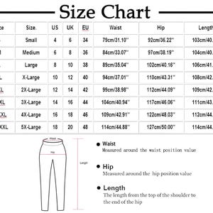 May include: A size chart with measurements for pants, including waist, hip, and length in both centimeters and inches. Sizes range from small to 5X-Large, with corresponding US, UK, and EU sizes.