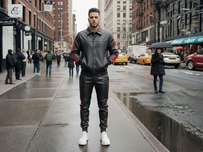 May include: Black leather jacket and matching pants with red stripes on the sleeves and legs. The jacket has a button-up front and pockets. The outfit is paired with white sneakers. The person is standing on a wet city street.