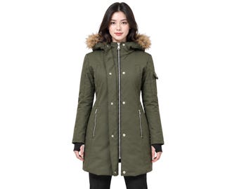 Softshell coat for womens, Winter gift for her, Hooded windbreaker parka jacket, Detachable fur hooded coat, Multi pockets winter outfit