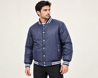 Quilted varsity jacket for mens, University gift for him, Lightweight padded outerwear, Striped ribbed trim, Snap button casual coat