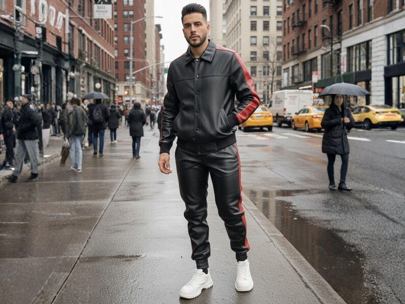 May include: A person wearing a black leather jacket with red stripes on the sleeves and matching black leather pants with red stripes. The person is wearing white sneakers and standing on a wet sidewalk in a city.