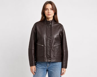 Premium women leather jacket , Special gift for her, luxury feminine Outerwear, fitted moto style, stylish casual winter coat