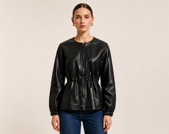 Feminine Leather Peplum Jacket for Women, Gift for friend, luxury Cinched Waist Moto Coat, Collarless Blazer, Minimalist winter Outerwear