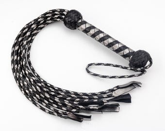 Handcrafted leather flogger 9 tails Silver and Black handmade kink gear submissive spanking play