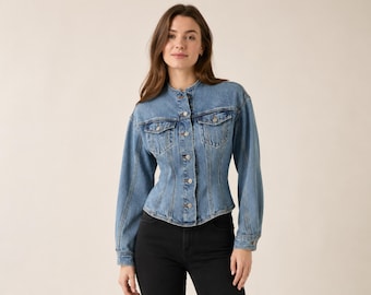 Denim fitted jacket for womens, button front jean coat with chest pockets, casual everyday style, corporate gift, wedding gifts for her