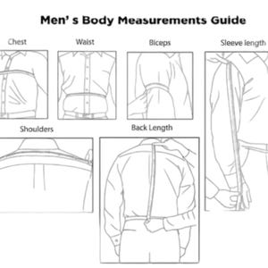 May include: An illustrated guide titled "Men's Body Measurements Guide" showing how to measure chest, waist, biceps, sleeve length, shoulders, and back length. The guide uses line drawings of a person wearing a button-down shirt.
