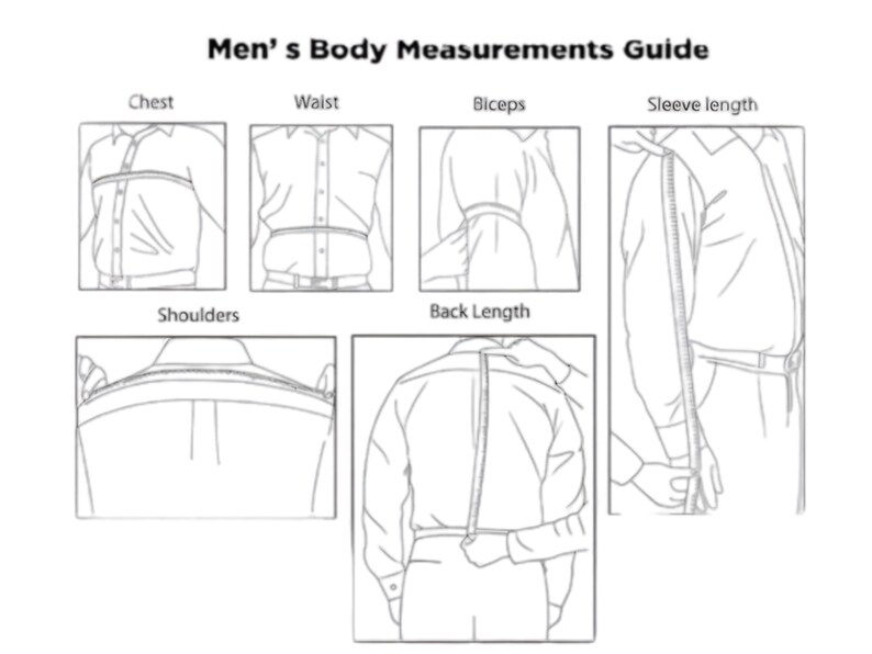 May include: An illustrated guide titled "Men's Body Measurements Guide" showing how to measure chest, waist, biceps, sleeve length, shoulders, and back length. The guide uses line drawings of a person wearing a button-down shirt.
