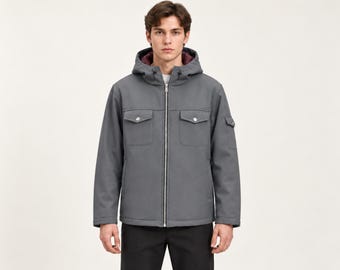 Mens hooded softshell jacket, Birthday gift for him, Windbreaker outdoor coat, Hidden inner cuffs, Premium warm casual outerwear