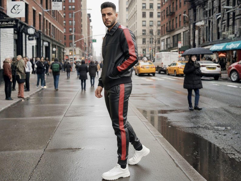 May include: A black leather jacket and matching pants with a red stripe down the side. The jacket has red stripes on the sleeves. The person is wearing white sneakers. The outfit is worn on a city street.