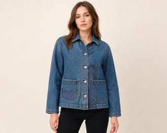 Giacca di jeans su misura da donna, cappotto in jeans con bottoni sul davanti e colletto a punta, cuciture sagomate, capospalla casual per tutti i giorni, regalo per lei