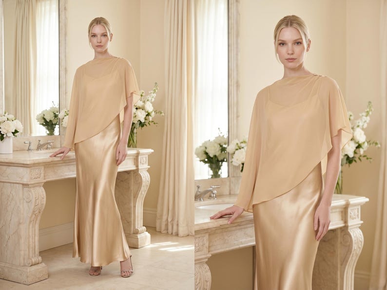 This soft champagne silk gown with a detachable sheer cape is perfect for creating a luxurious bridal look. Featuring a cowl neckline and asymmetrical cape hem, it’s the ideal choice for bridesmaids, wedding guests, or as an elegant bridal shower gift. The flowing silhouette ensures comfort and style, while the soft hue adds timeless elegance, making it a thoughtful and sophisticated gift for any bridal occasion.
