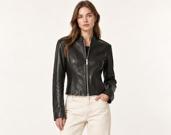 Women Sleek Real Leather Jacket, Anniversary Gift for Her, Luxury Winter Wardrobe Present, Modern Women Moto Jacket, special Gift Idea