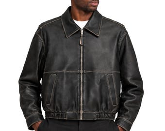 Mens leather blouson jacket, Birthday gift for him, Vintage zip up bomber coat, Relaxed boxy casual outerwear, Cropped jacket