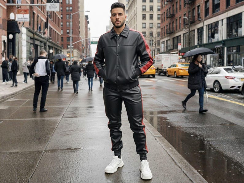 May include: A black leather jacket and matching pants with red stripes. The jacket has a button-up front and the pants have a drawstring waist. The person is wearing white sneakers. The background is a city street with people and cars.