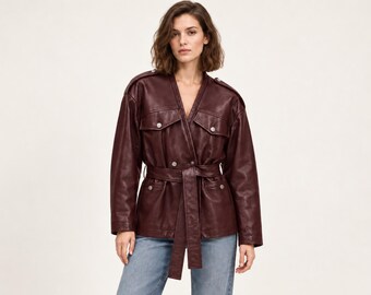 Belted leather utility jacket for womens, wedding gifts, Elegant collarless safari coat, y2k vintage v neck premium wrap outerwear