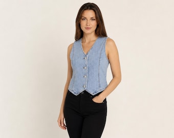 Fitted denim vest for womens, Birthday gift for her, sleeveless button up top, paneled structural bodice, classic fitted waistcoat
